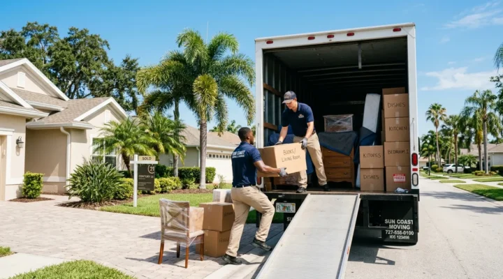 Movers preparing furniture for interstate moving services St Petersburg FL