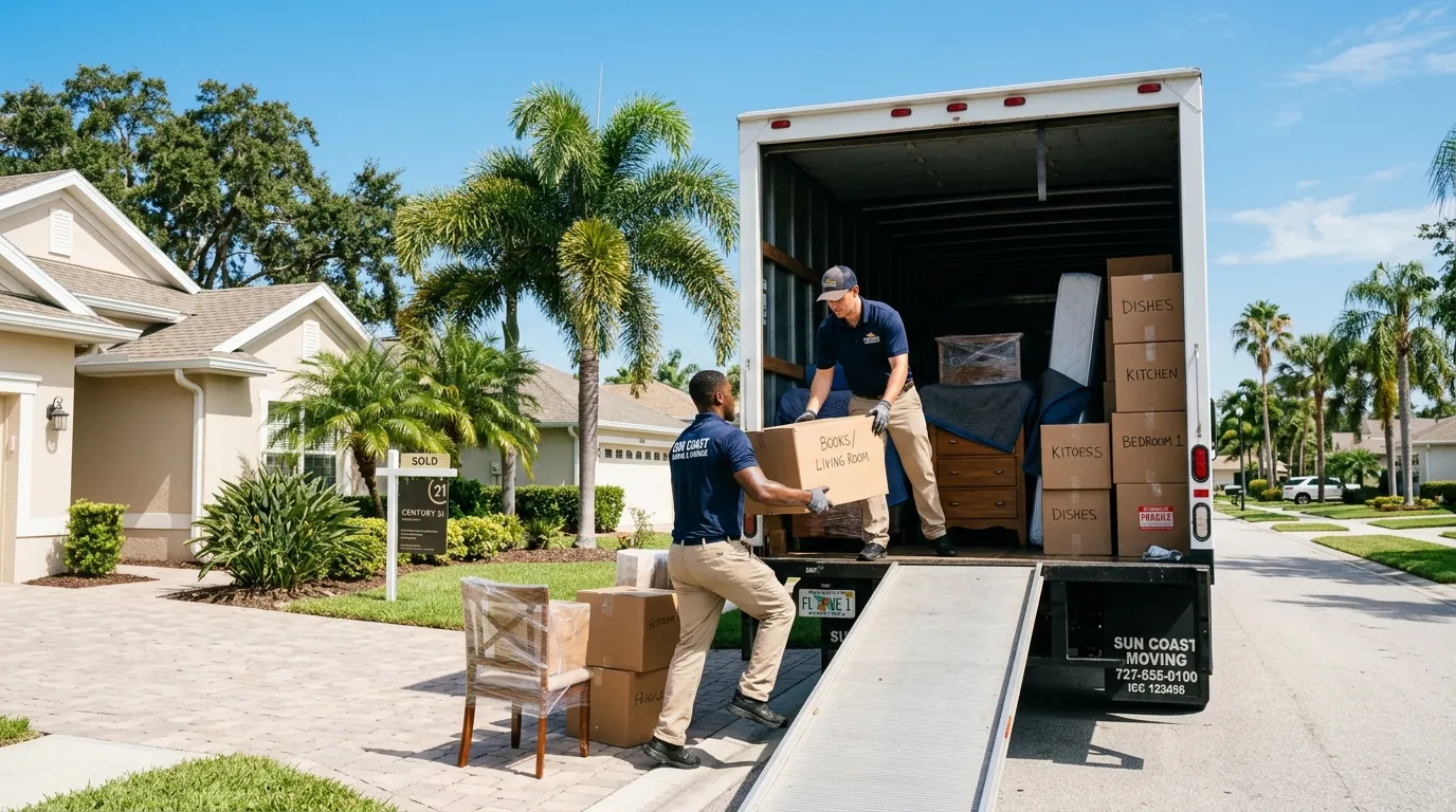 Movers preparing furniture for interstate moving services St Petersburg FL